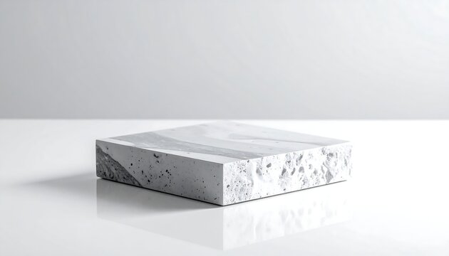 A square-shaped, light grey concrete block with a marbled surface sits on a reflective white surface, against a plain white backdrop