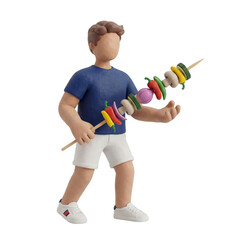 Faceless 3D Clay Male Character Holding BBQ Skewer With Veggies Isolated
