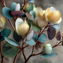 An artistic composition featuring a decorative branch and translucent leaves in pastel shades of blue, turquoise, beige, and soft gold. 