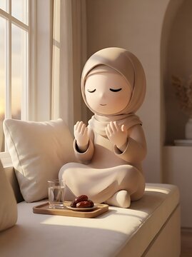 Muslim girl making duaa at home during Ramadan, 3D illustration