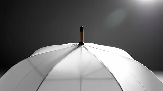 Two elegant white umbrellas stand against a dark gray background, casting soft shadows.