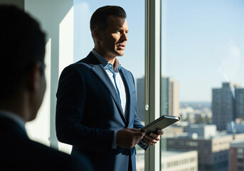 Fototapeta premium Businessman presenting with tablet in modern office overlooking city skyline