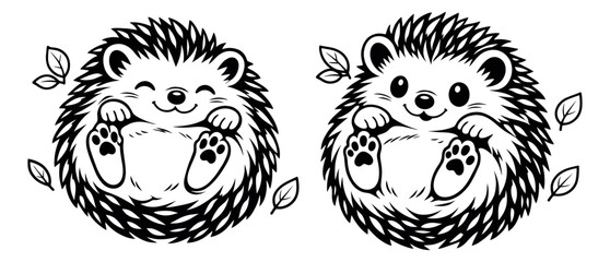 Obraz premium Cute line art hedgehog set featuring happy hedgehogs and autumn leaves for children's designs