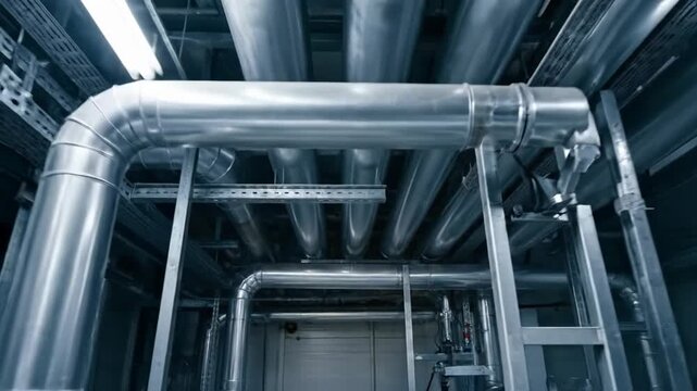 Industrial interior with complex network of l pipes and tubes, illuminated by fluorescent lights.