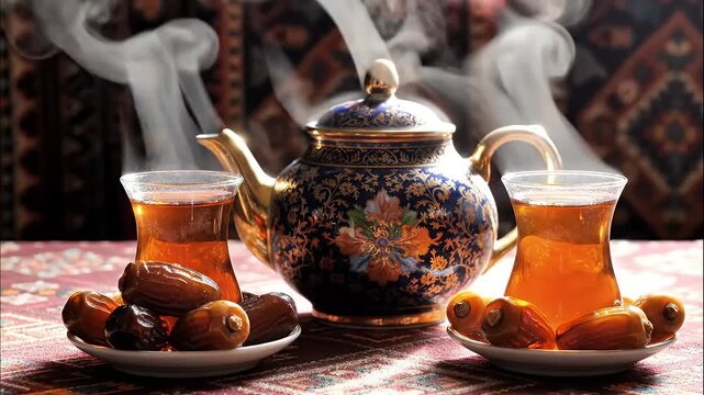 Steaming traditional tea glasses and dates with ornate teapot on table