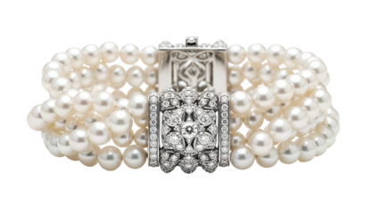 Luxurious pearl bracelet with multiple strands, ornate clasp with diamonds, isolated on black