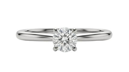 A close-up studio shot of a classic, single-stone diamond engagement ring with a round cut