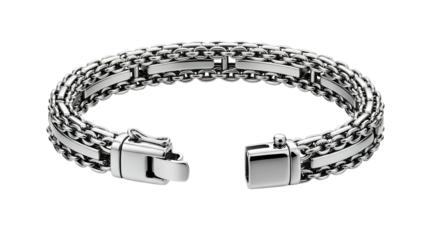 Silver bracelet, two interwoven chains with three vertical bars. Open clasp displayed