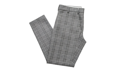 Folded grey plaid pants on black background, showcasing detail
