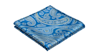 Diamond-folded, paisley-patterned pocket square in shades of blue and yellow on black