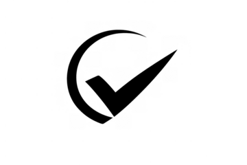 Black tick symbol inside a circle representing confirmation, agreement, correct choice, election, and verification