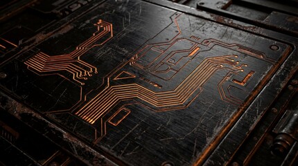 Brushed black metal texture with glowing orange circuit board pattern