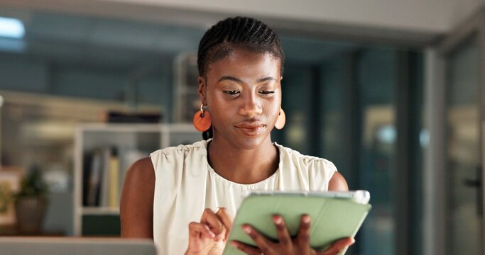 Creative, online and woman with tablet, office and research for ad campaign, scroll or working late. Social media manager, browsing and black person with tech for marketing and deadline at night