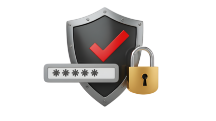 Cyber security concept with a metal shield, a golden padlock, and a password field with checkmark Transparent background