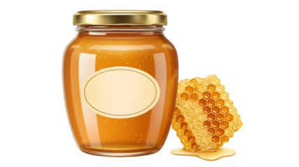 Glass jar of golden organic honey with a blank label and a piece of fresh honeycomb Transparent background