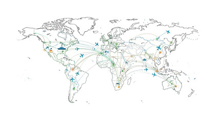 Fototapeta premium Global connections and networks illustrated on a world map with various colored lines and markers indicating different locations and routes