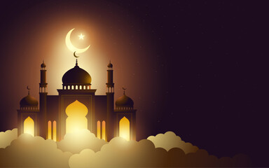 Elegant Islamic Ramadan and Eid Background. Glowing mosque at night with crescent moon, stars, and clouds. Symbol of Ramadan, Eid al-Fitr, Eid al-Adha, and copy space