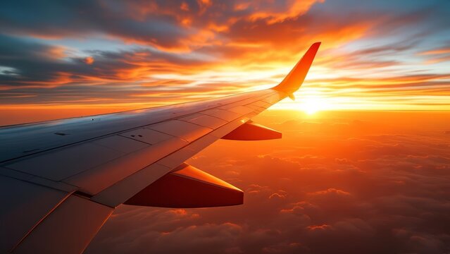 Close up view of airplane fuselage and wing reflecting golden sunset light. Aviation travel concept symbolizing journey, freedom, luxury, technology, and modern air transportation