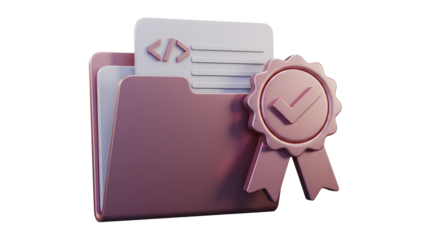 Business file folder icon with certificate and ribbon seal, digital document achievement and software certification concept 3d illustration Transparent background