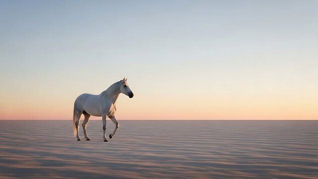 A white horse walks across a vast sandy beach at sunset with a serene sky - Powered by Adobe