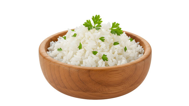 Bowl of steamed white rice topped with fresh parsley isolated on white, healthy food staple and side dish in a wooden bowl Transparent background