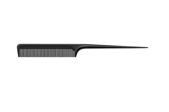 Black rat tail comb showing an essential tool for professional hair stylists, barbers, and home users, transparent background