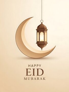 Eid mubarak greeting card with crescent moon and lantern