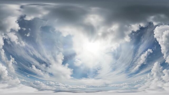 Panoramic 360 degree view of a cloudy sky with bright sunlight shining through.