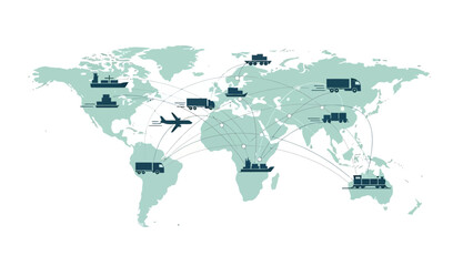 Global logistics and transportation network illustration showing international shipping routes and cargo movement across the world