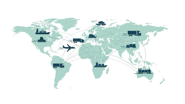 Global logistics and transportation network illustration showing international shipping routes and cargo movement across the world