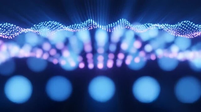 Abstract glowing neon wave pattern with blue and purple gradient on black background.