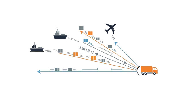 Logistics and transportation network illustration showing truck, ship, airplane, and cargo movement