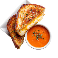 grilled cheese and tomato soup on white background