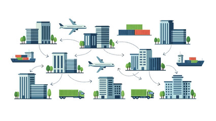 Obraz premium Global Logistics and Transportation Network Illustration Featuring Buildings, Trucks, Ships, and Planes in Operation