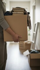 Person Holding Cardboard Box With Books and clothes while standing in hallway during relocation process to new apartment or house.