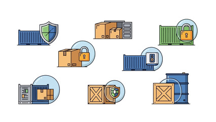 Collection of shipping containers and crates with security icons in a storage facility viewed from above