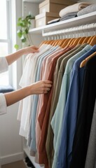 Woman Choosing Shirt From Wardrobe Rack organized by color in tidy closet during morning routine or organizing apparel.