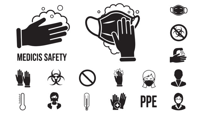 Personal protective equipment safety icon set for medical staff hygiene compliance and workplace risk mitigation in procurement and training - Powered by Adobe