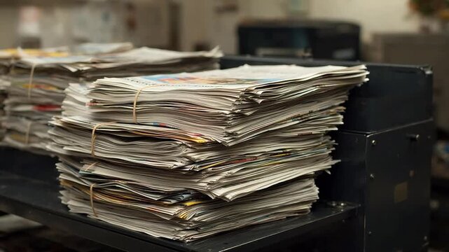 Piles of printed newspapers on a machine