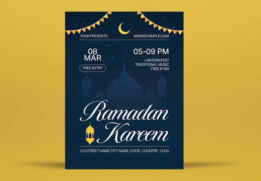 Blue And Yellow Flat Design Ramadan Night Market Flyer Layout