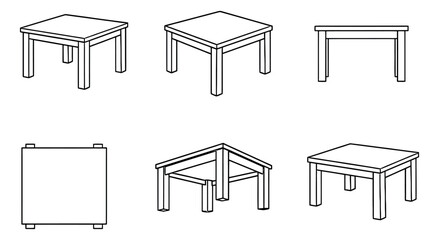 Naklejka premium Hand drawn line art tables set featuring simple square tables in isometric and orthogonal views for interior design concepts