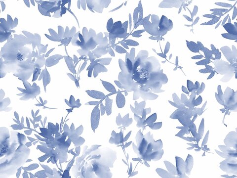 Abstract hand painted watercolor indigo blue floral seamless pattern for wedding invitation, fabric, home decor, stationary, web and gift wrapping. Elegant botanical wall paper.