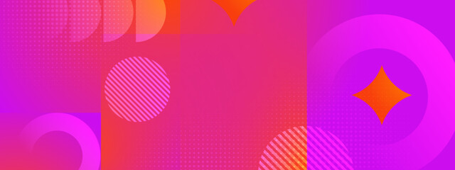 Vibrant purple and pink abstract layout with overlapping geometric circles and sparkling star shapes on a textured base