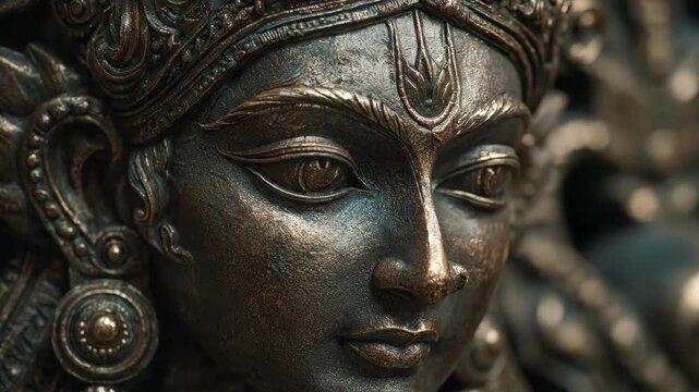 Close-up of a Traditional Bronze Durga Murti for Chaitra Navratri Celebrations and Religious Worship