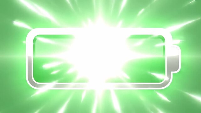 Green battery icon with lightning bolt symbol, indicating full charge on green background.