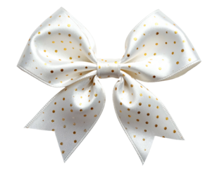 Close-up of a white, satin bow with gold polka dots against a transparent background