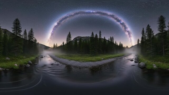 Panoramic view of a serene river landscape under a starlit sky with milky way.