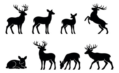 Fototapeta premium Simple silhouette deer set featuring various poses of bucks, does, and fawns for nature and wildlife designs