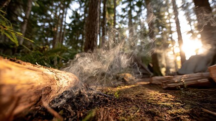 Obraz premium Glowing Embers and Wisps of Smoke over Forest Floor Amidst Sunlight and Tall Trees with Golden Hour Illumination in an Atmospheric Setting