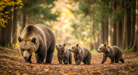 Fototapeta premium A mother bear leads her three curious cubs along a forest path covered in fallen autumn leaves, symbolizing wildlife and nature.